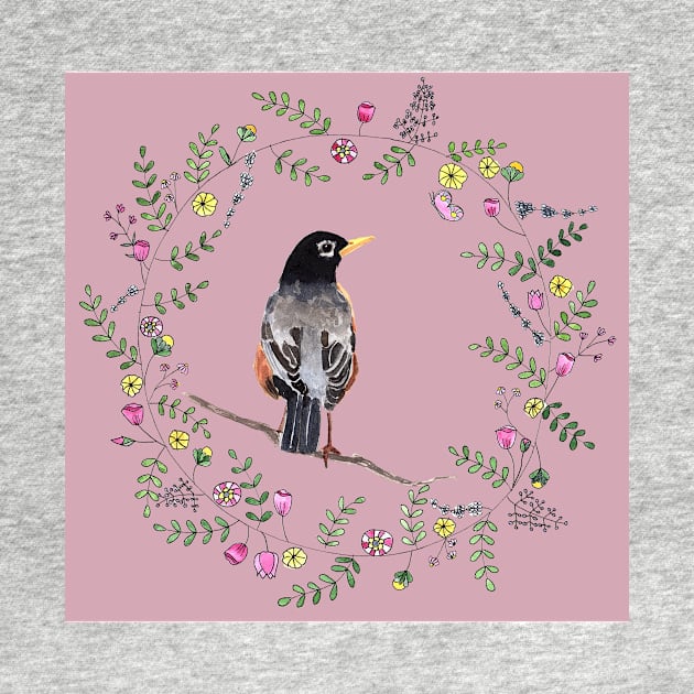 American Robin with Flower Wreath and violet background by Sandraartist